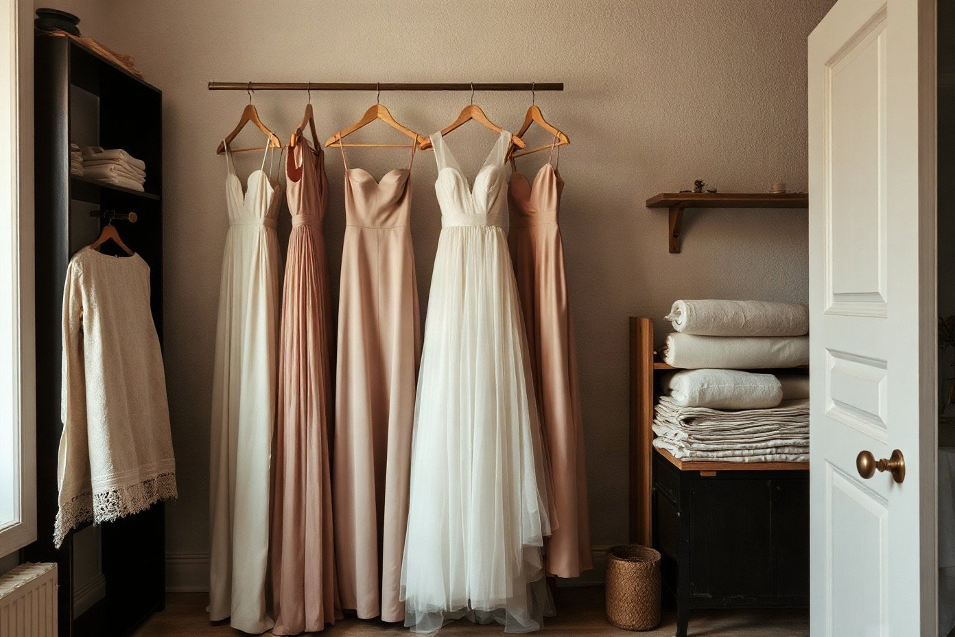 Vestidos formales colgados en el taller
