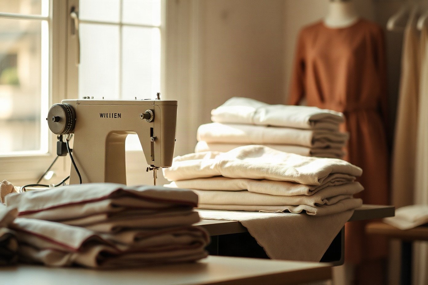Máquina de coser con prendas en espera