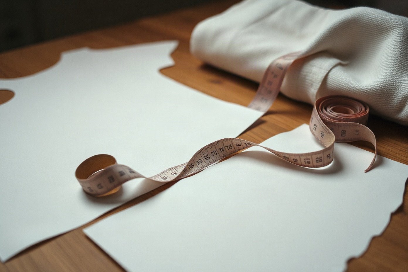 Cinta métrica y patrones sobre la mesa de trabajo